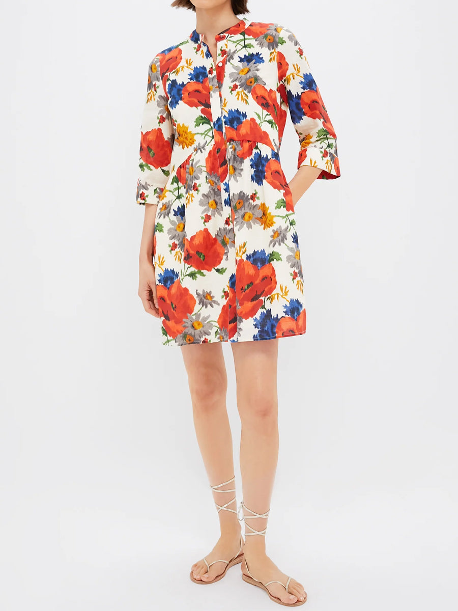 Band Collar Printed Elbow Length Sleeve Dress