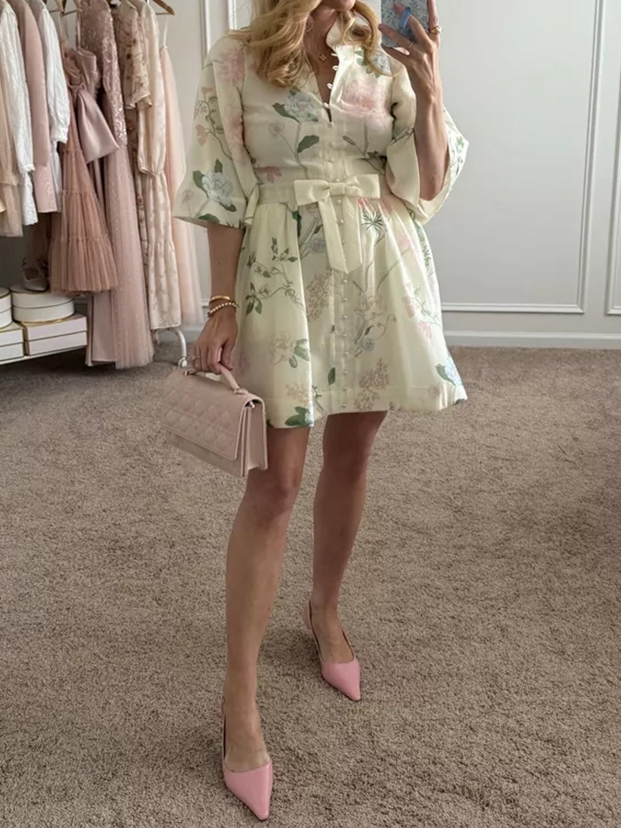 Floral Print Mandarin Collar 3/4 Full Sleeve Dress