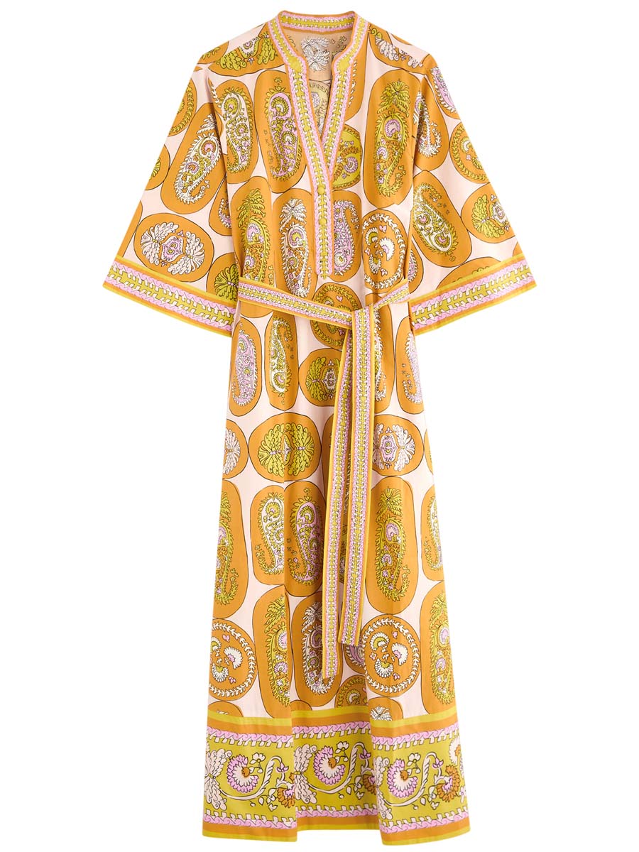 Printed Belted V Neck Maxi Dress