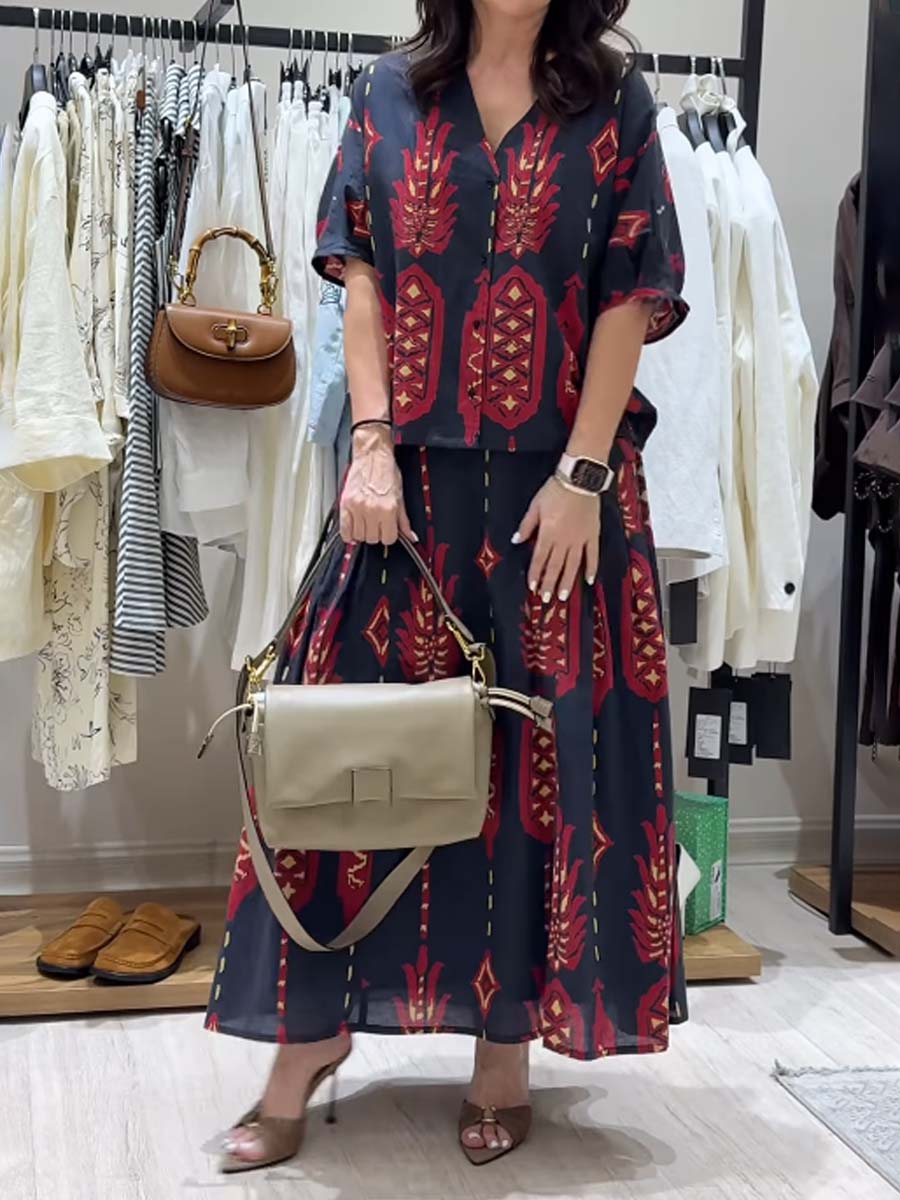 Printed V Neck Loose Two Pieces Set