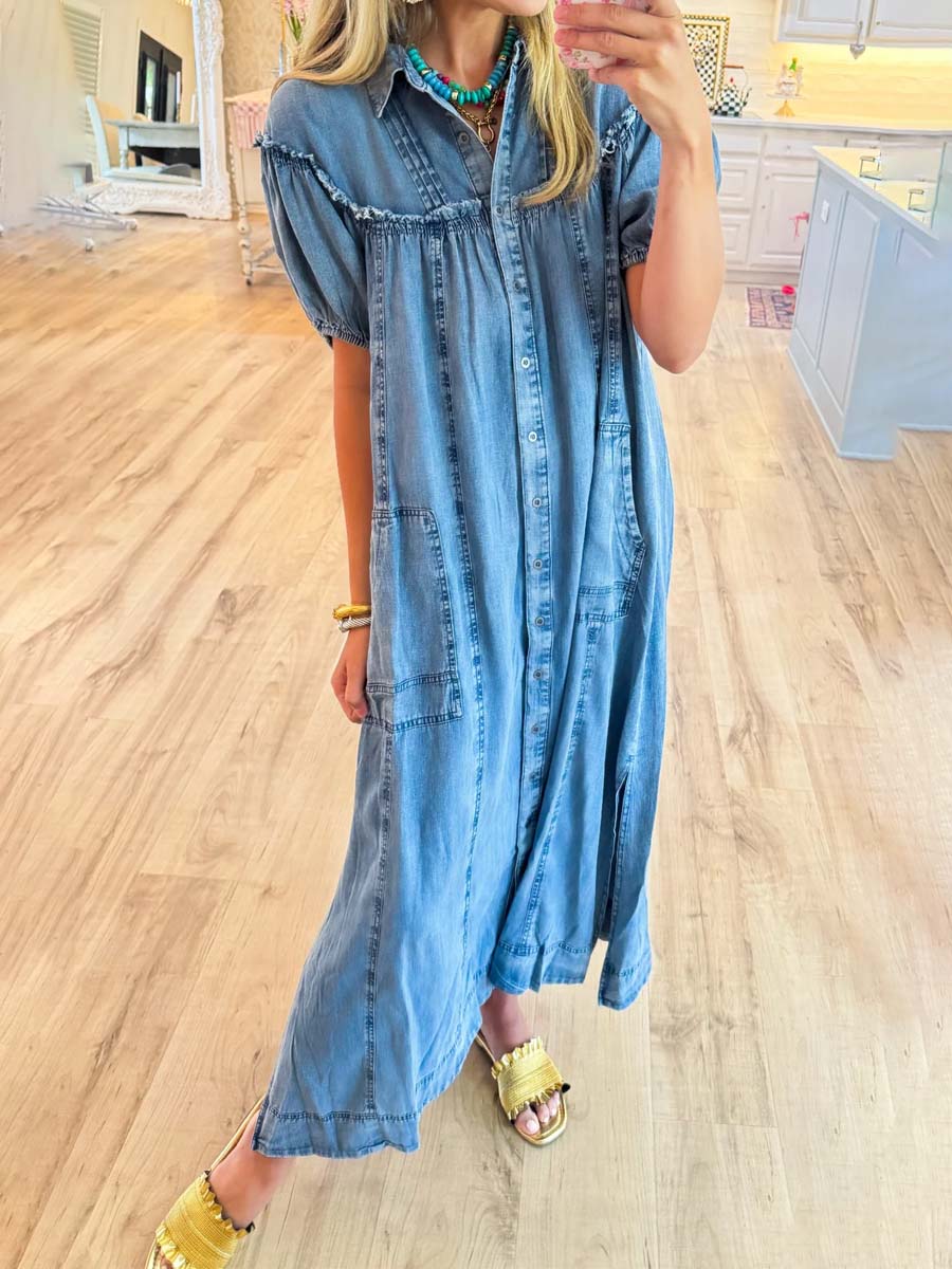 Collard Neck Short Puff Sleeve Denim Dress