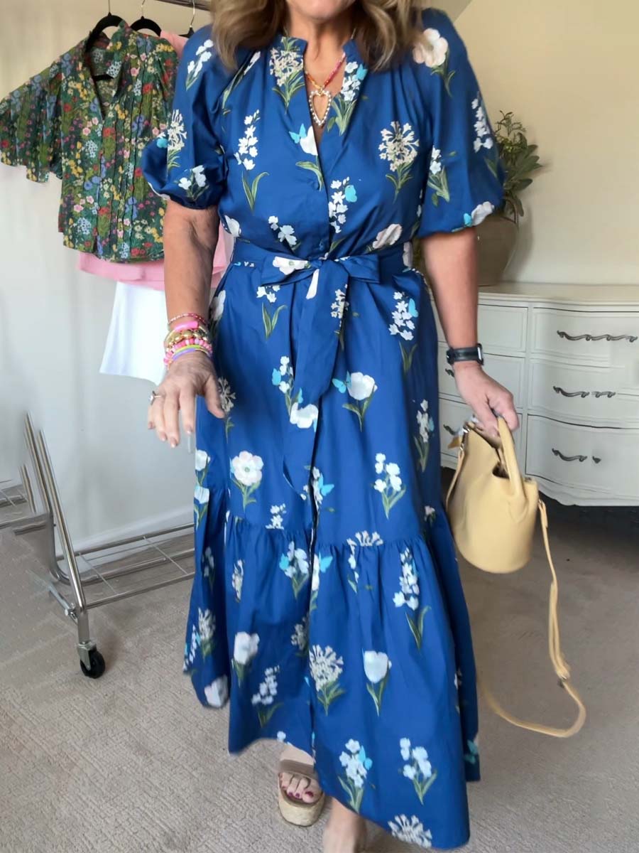 Floral Print Band Collar Belted Dress