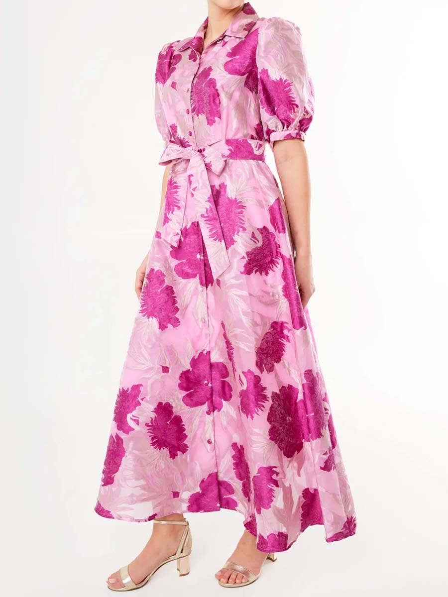Elegant Printed Short Sleeve Belted Dress