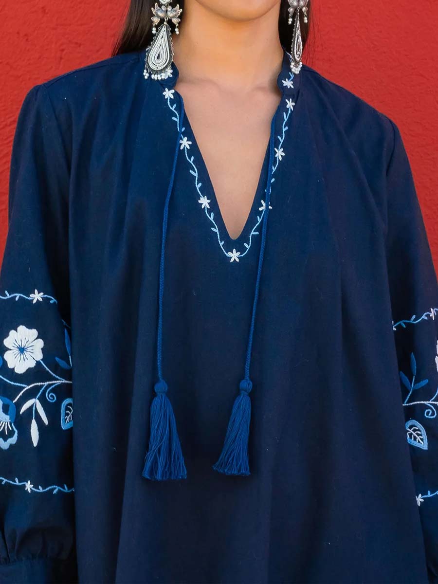 Embroidered V Neck Long Sleeve Dress