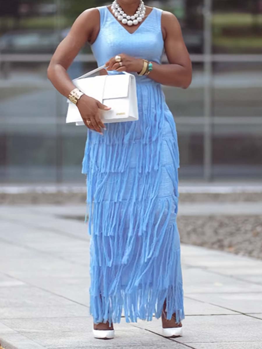 Elegant Cutout Tassels Hem Dress