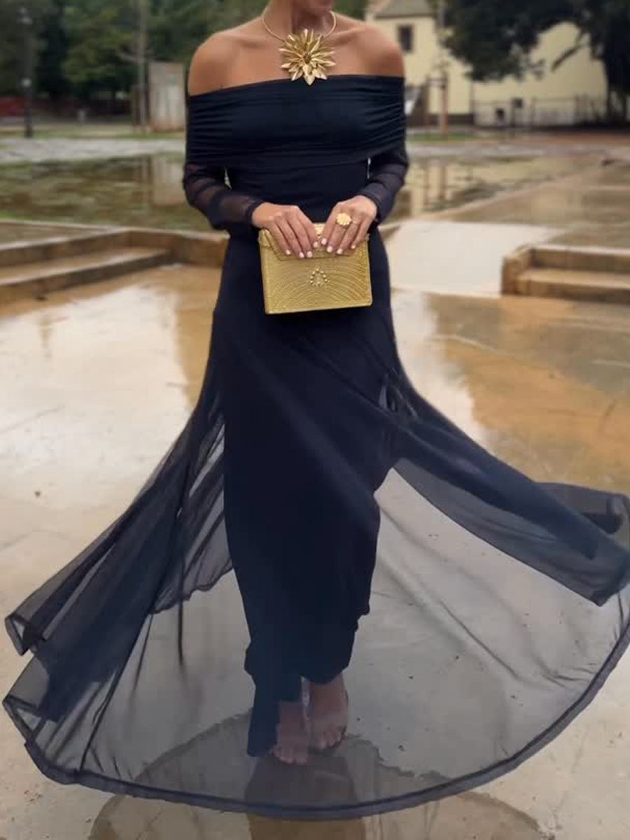 Elegant Off Shoulder Mesh Maxi Dress