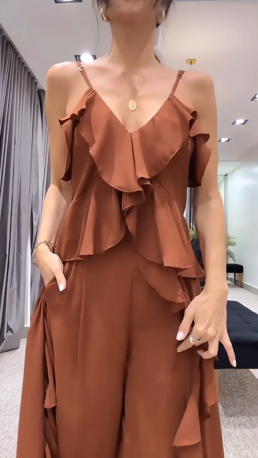 High Waist Ruffles Slip Two Piece Set