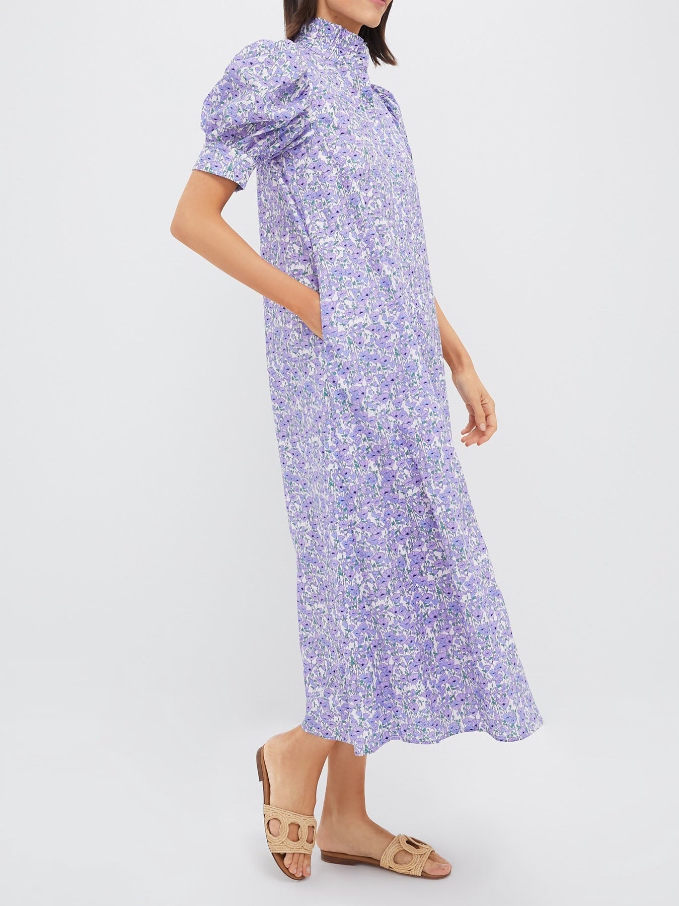 Purple Poppies Ruffle Collar Cotton Maxi Dress