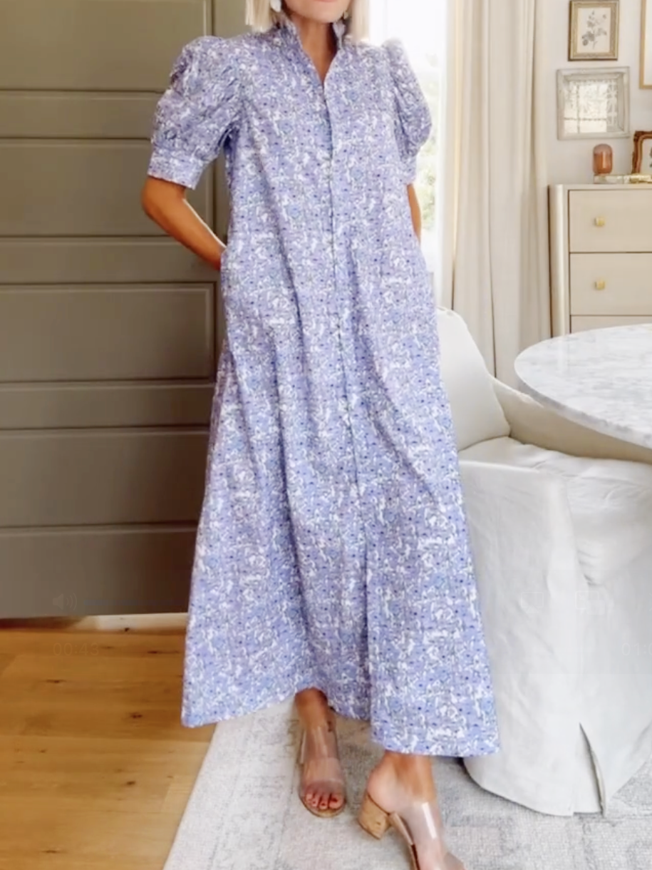 Purple Poppies Ruffle Collar Cotton Maxi Dress