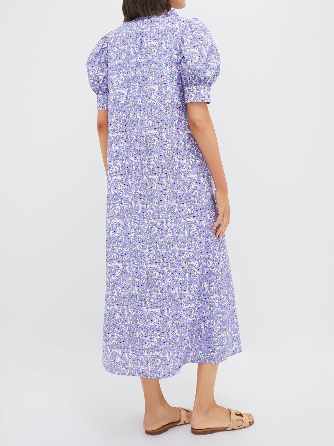 Purple Poppies Ruffle Collar Cotton Maxi Dress