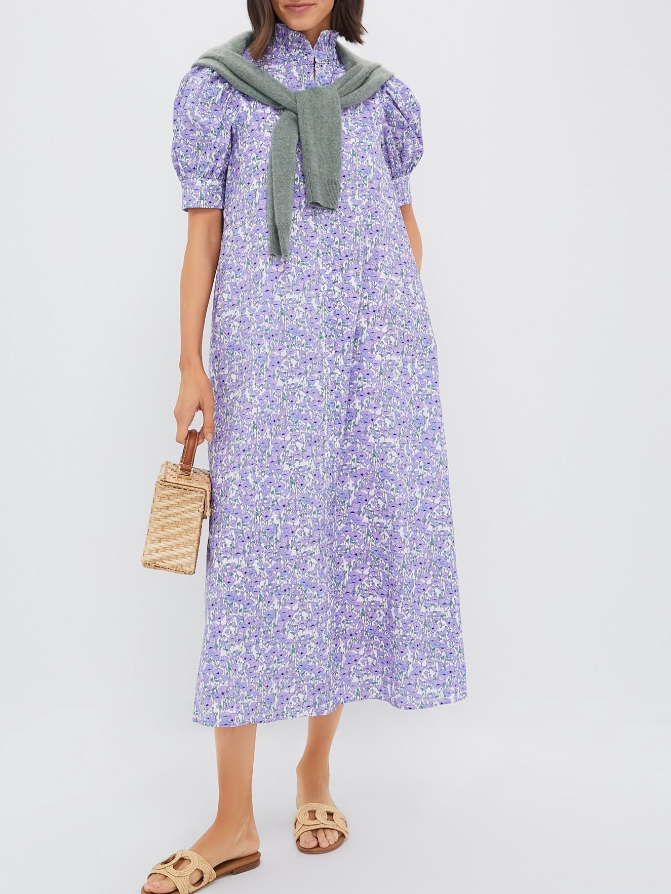 Purple Poppies Ruffle Collar Cotton Maxi Dress