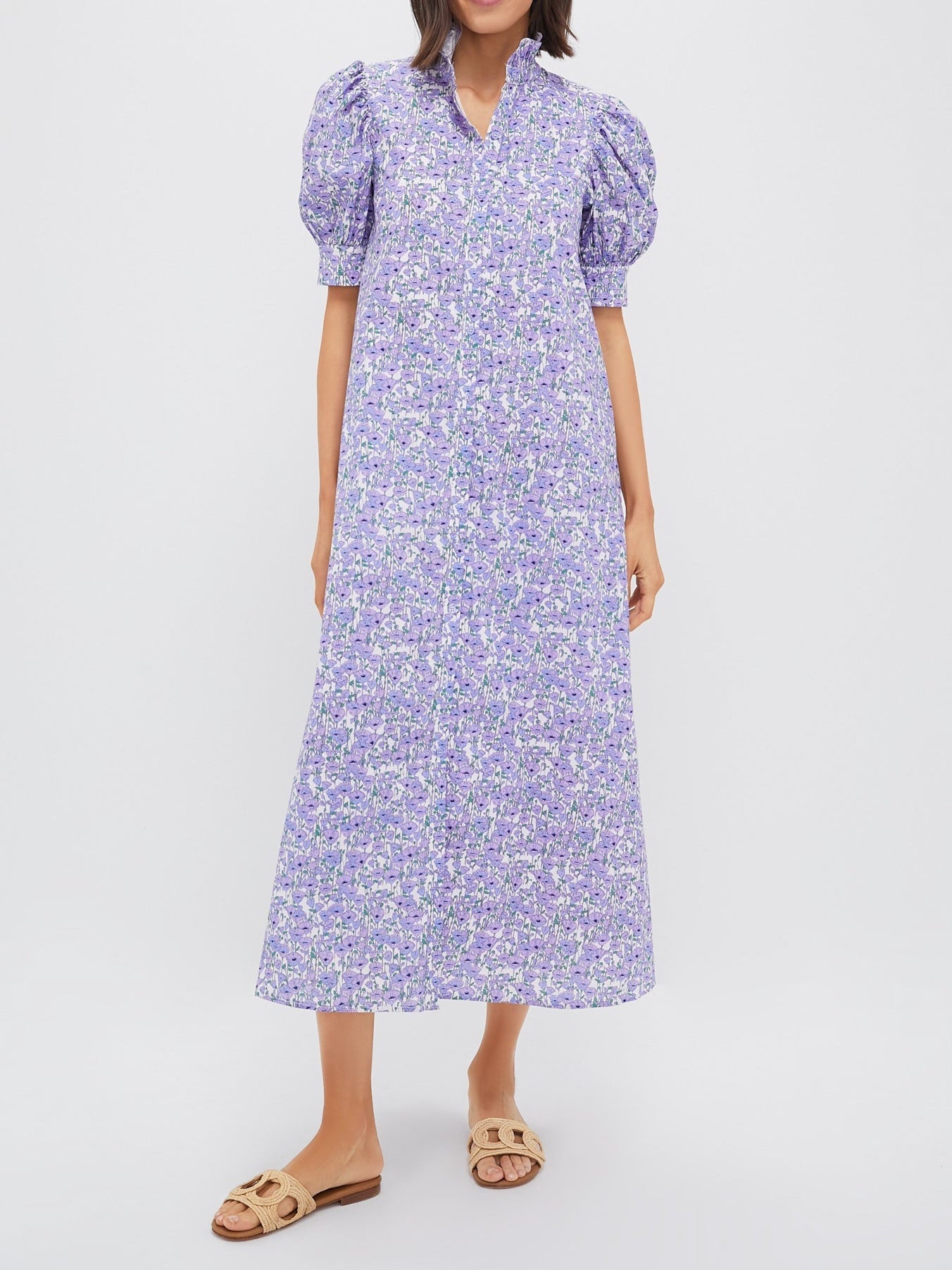 Purple Poppies Ruffle Collar Cotton Maxi Dress