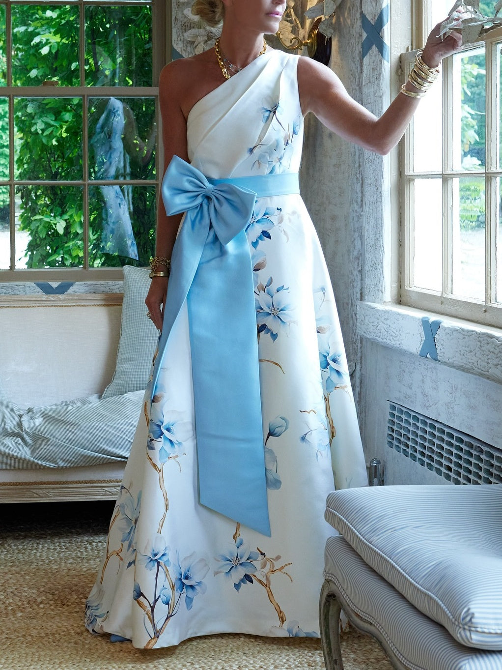 One Shoulder Floral Satin Maxi Dress
