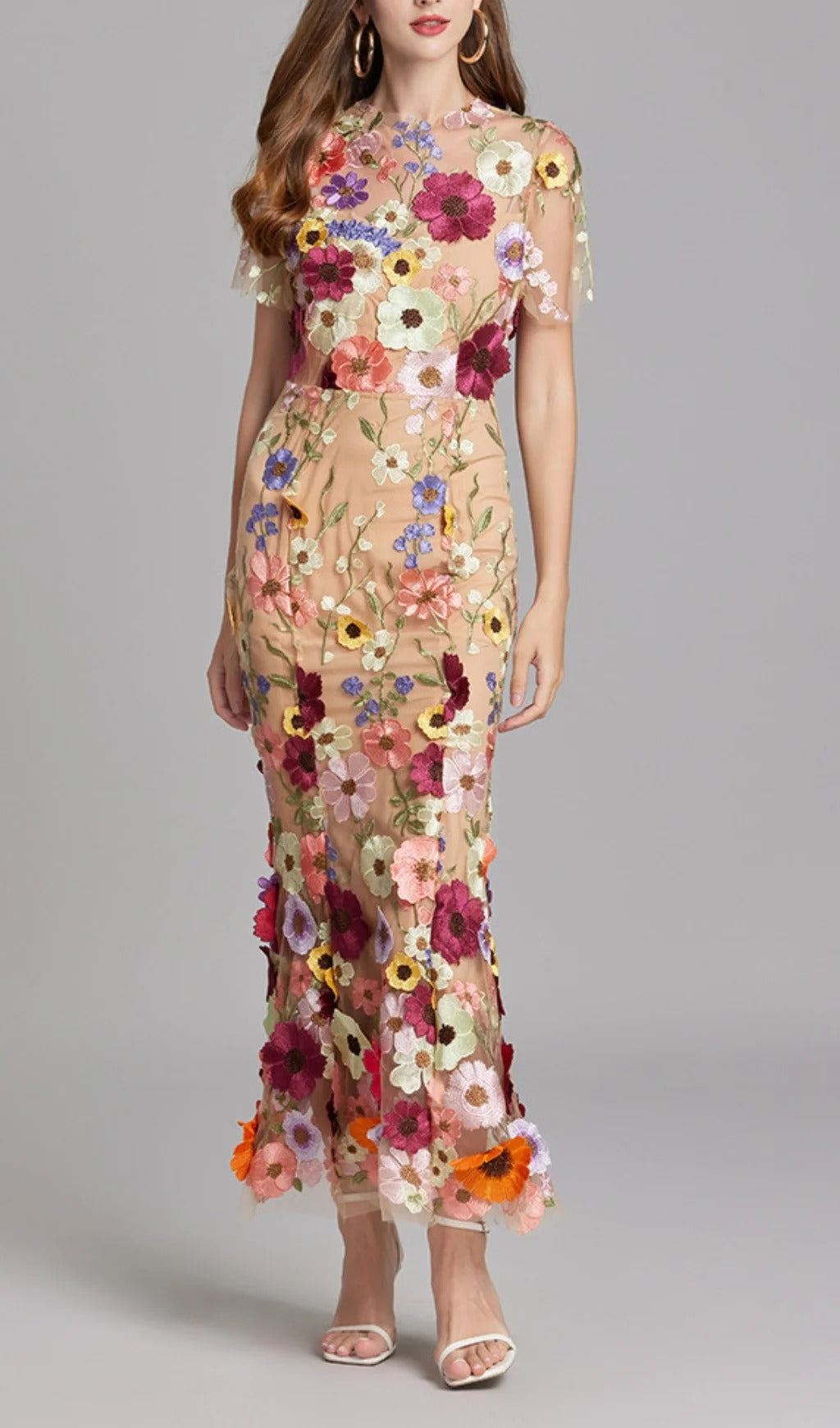 Midi Sleeves Floral Embroidery Fishtail Midi Dress