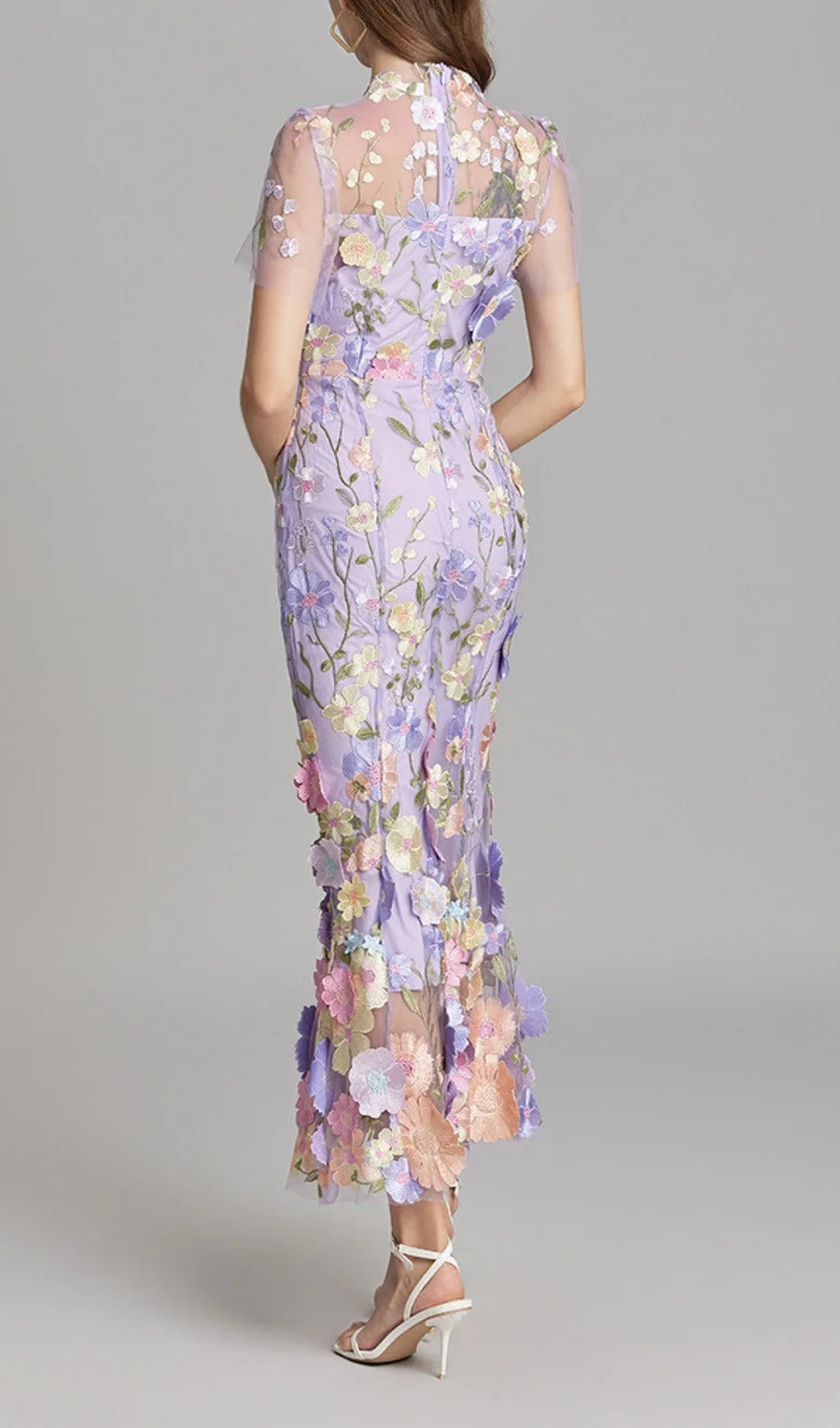 Midi Sleeves Floral Embroidery Fishtail Midi Dress
