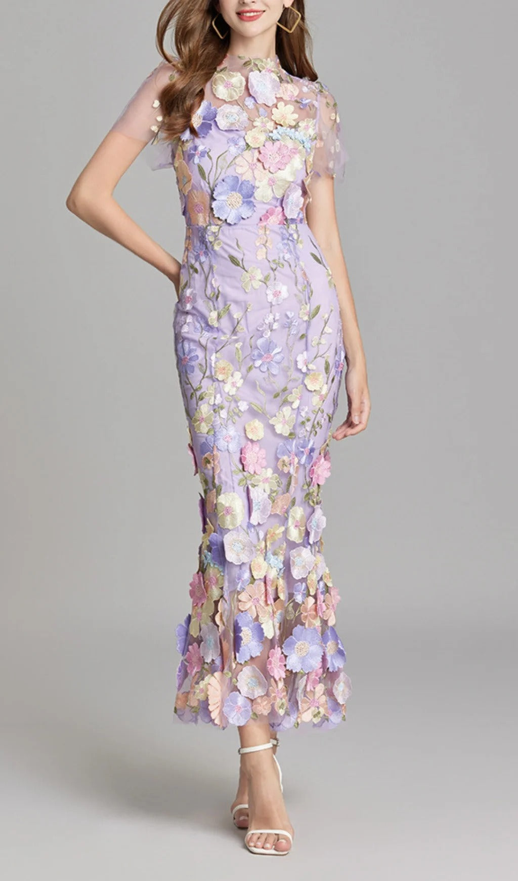 Midi Sleeves Floral Embroidery Fishtail Midi Dress