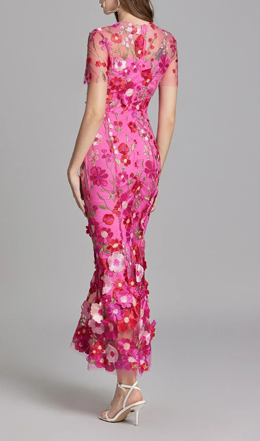 Midi Sleeves Floral Embroidery Fishtail Midi Dress