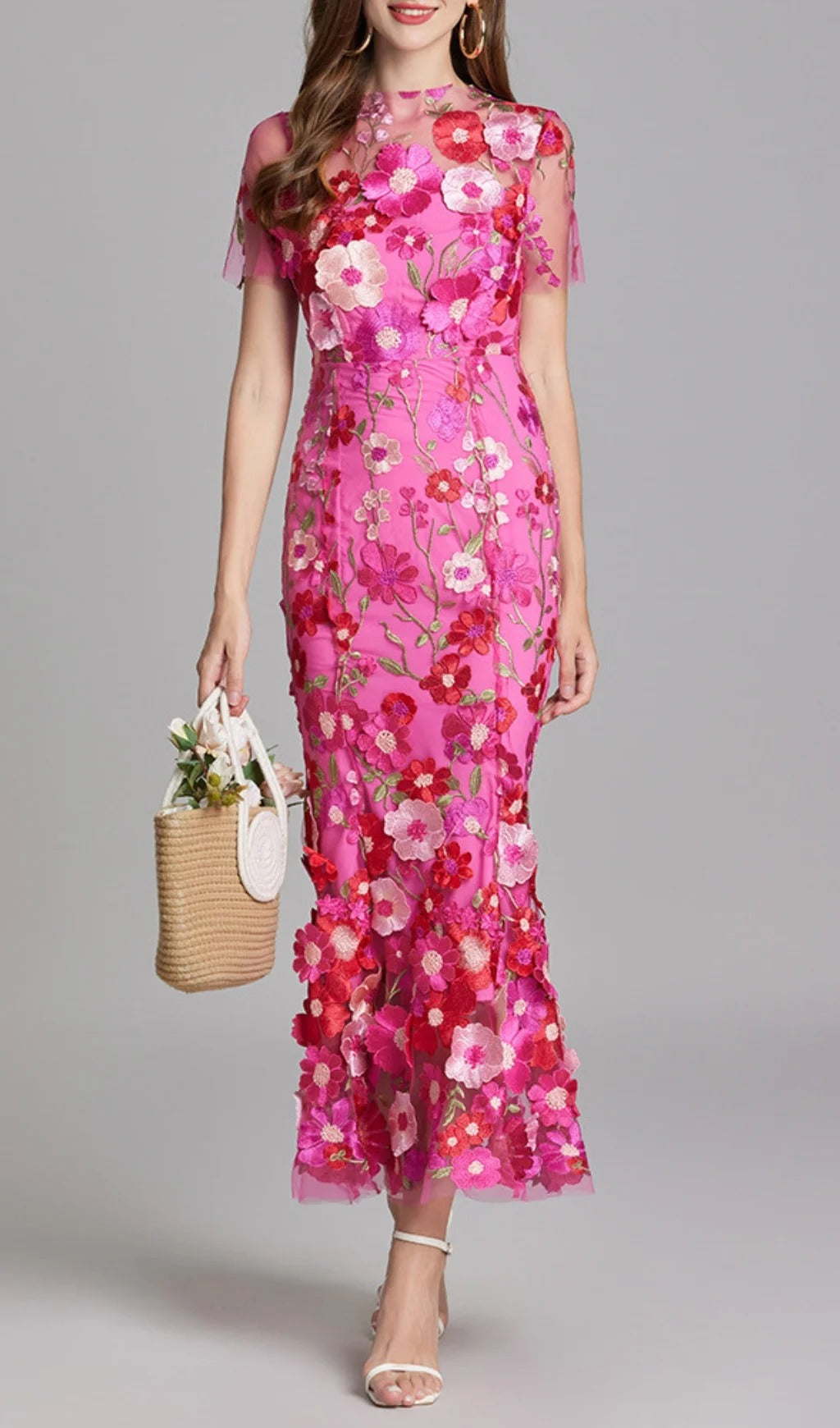 Midi Sleeves Floral Embroidery Fishtail Midi Dress
