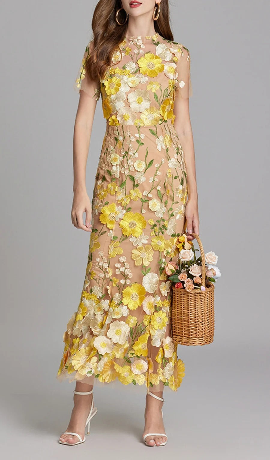 Midi Sleeves Floral Embroidery Fishtail Midi Dress