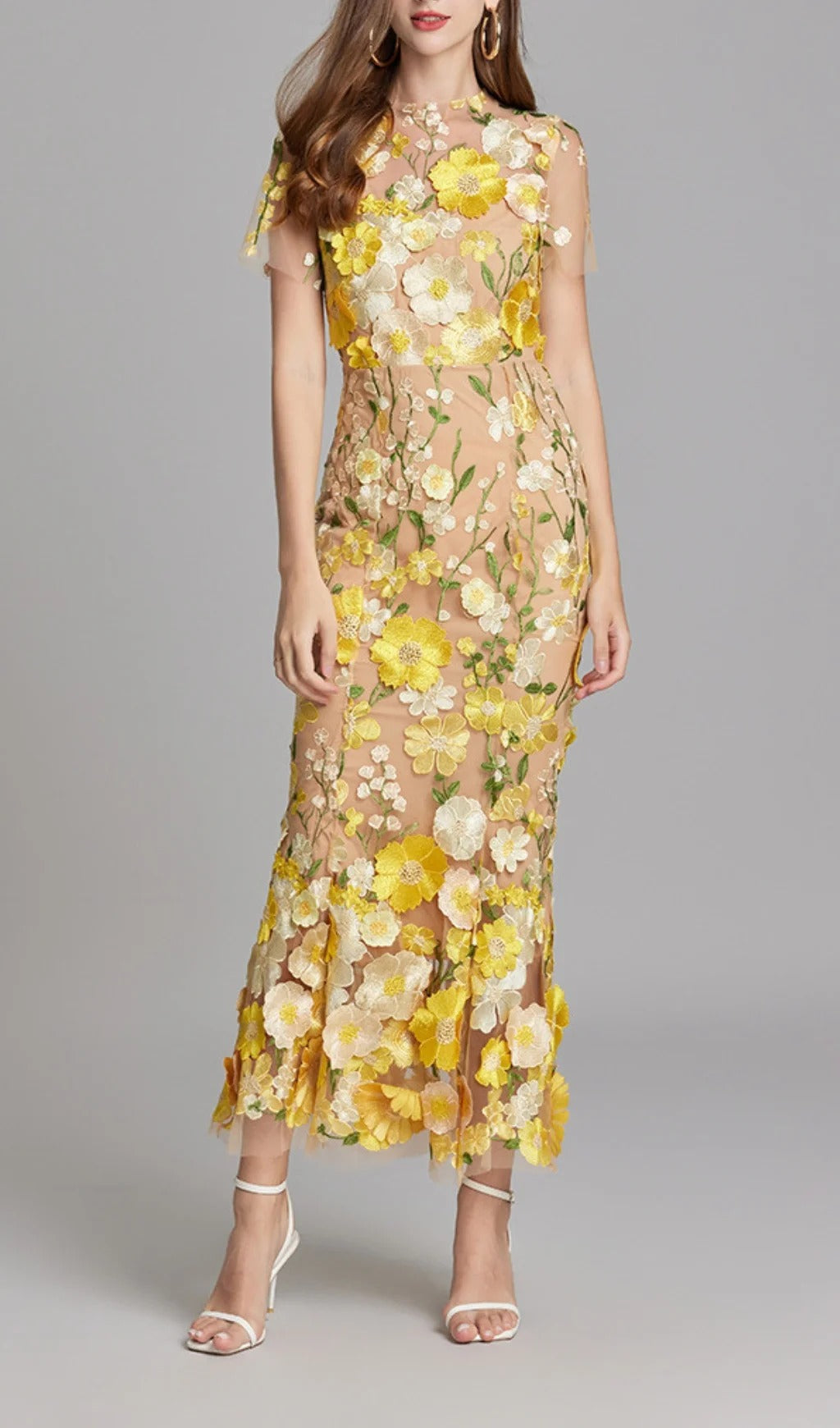 Midi Sleeves Floral Embroidery Fishtail Midi Dress