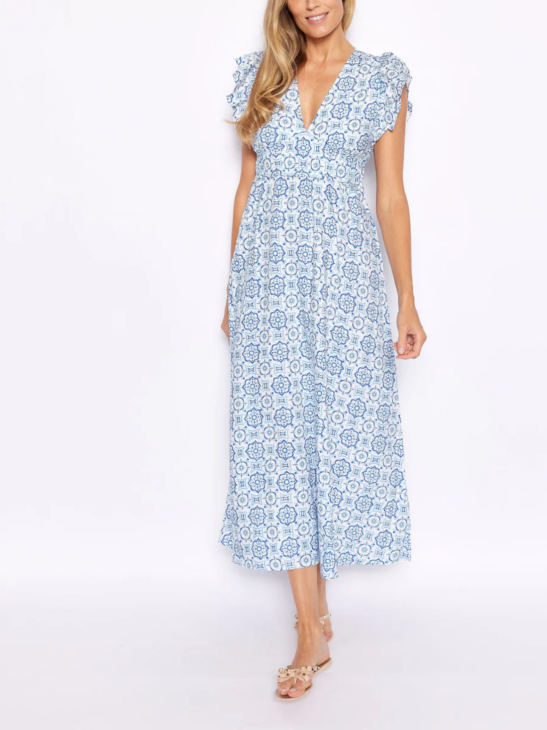 V-Neck Flutter Sleeve Medallion Printed Maxi Dress