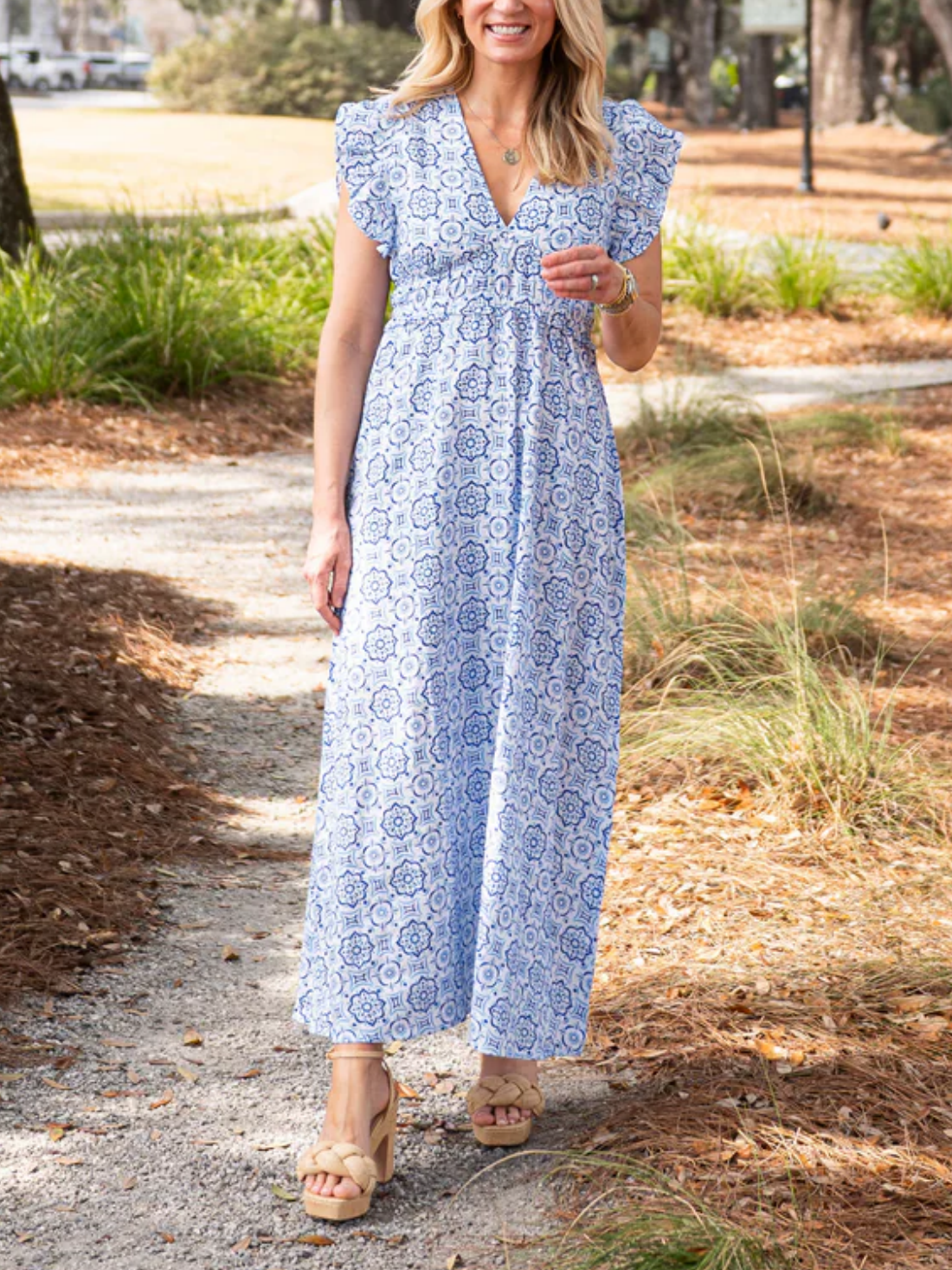 V-Neck Flutter Sleeve Medallion Printed Maxi Dress