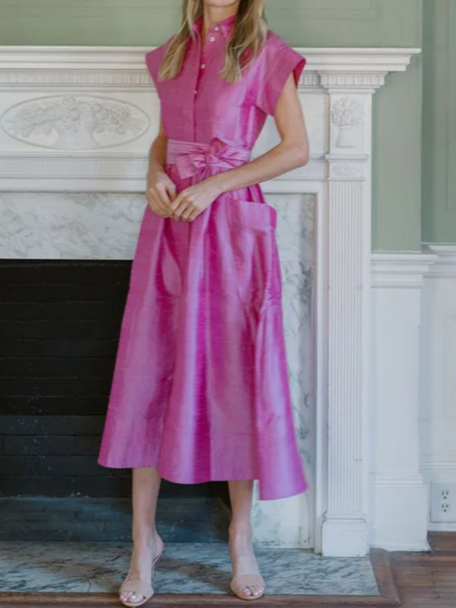 Detachable Belt Cap Sleeves Midi Dress