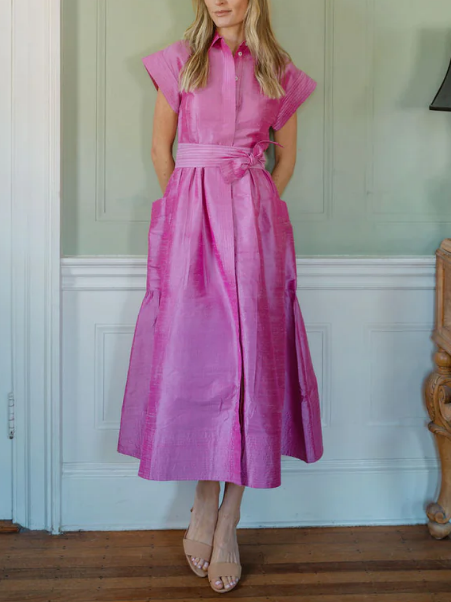 Detachable Belt Cap Sleeves Midi Dress