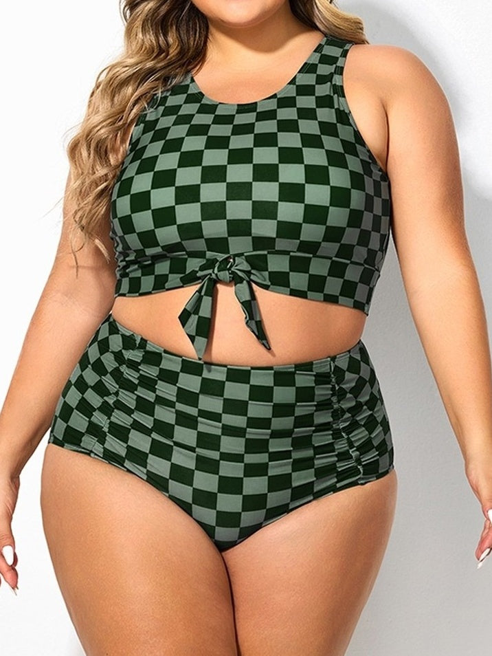 Plus Size Green Check Knotted Crop Bikini