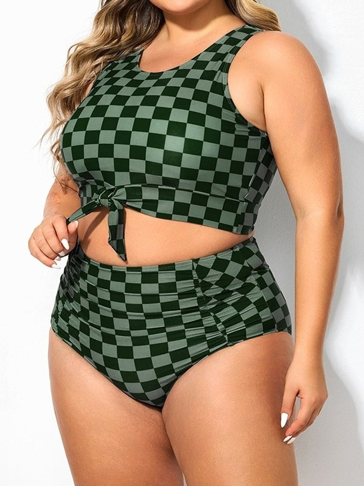 Plus Size Green Check Knotted Crop Bikini