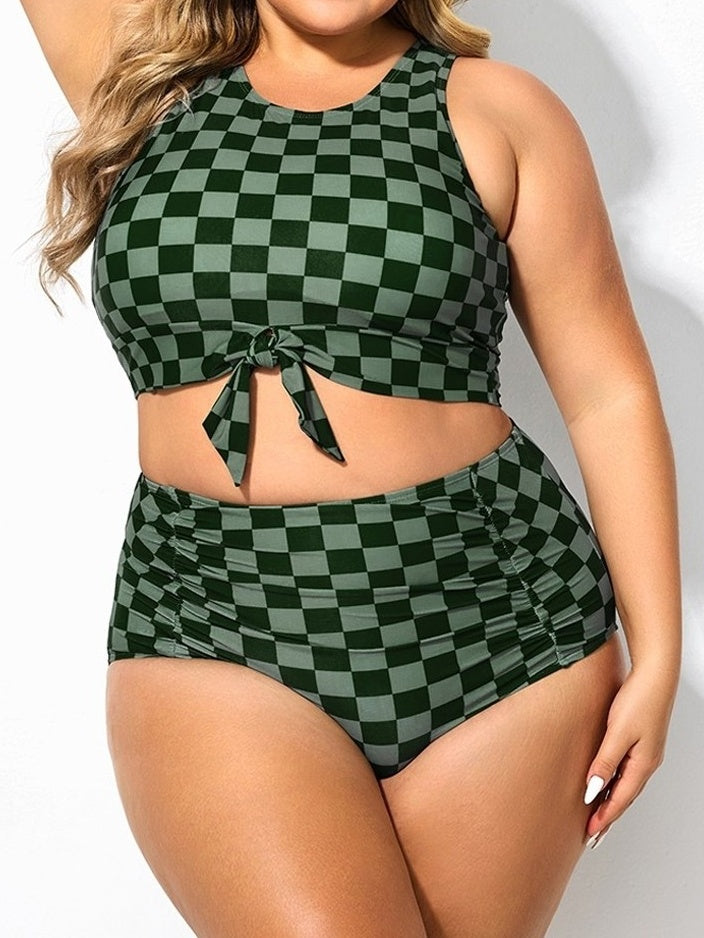 Plus Size Green Check Knotted Crop Bikini
