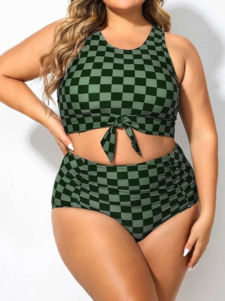 Plus Size Green Check Knotted Crop Bikini