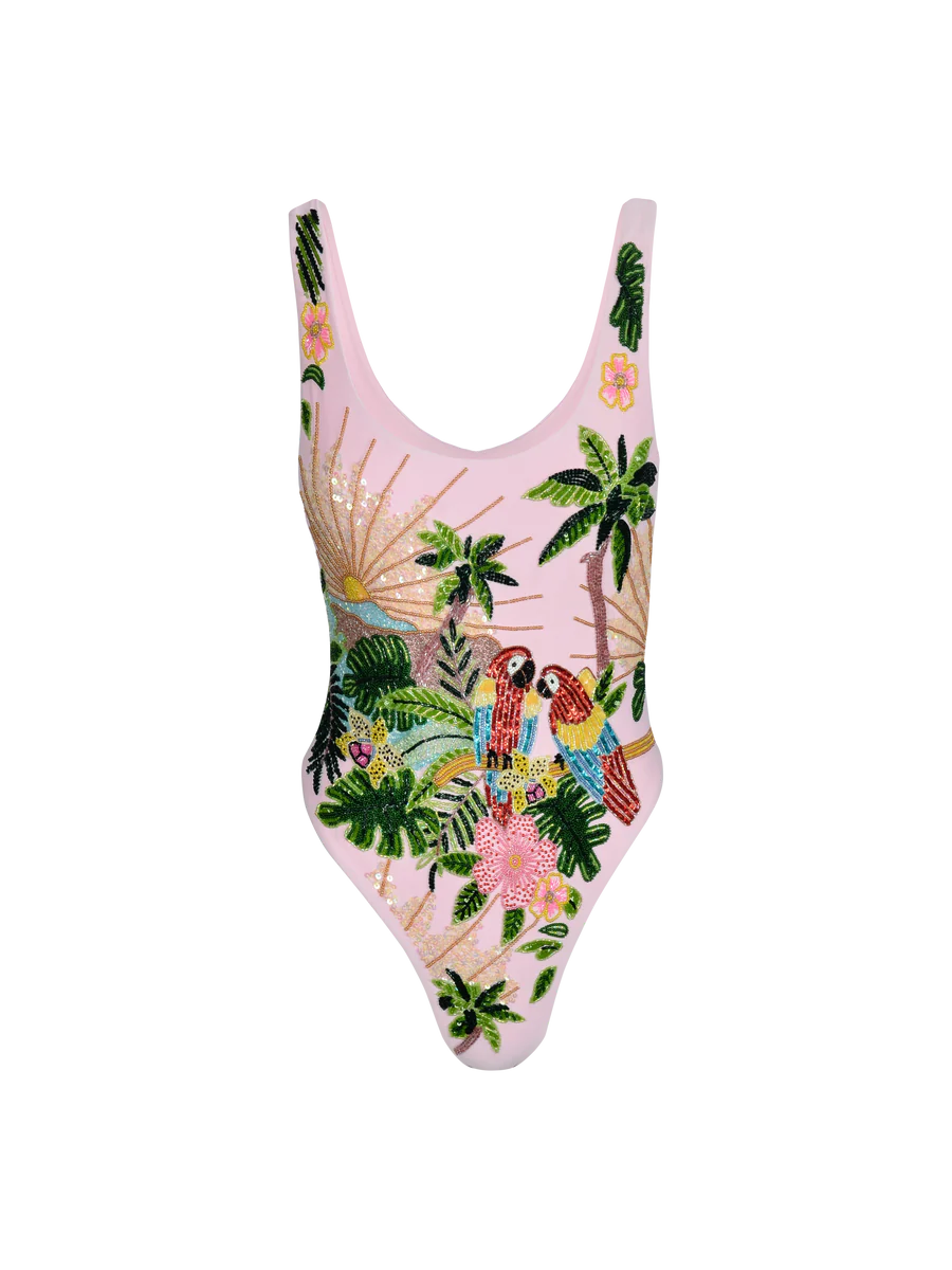 Scoop Back Tropical Swimsuit Pink