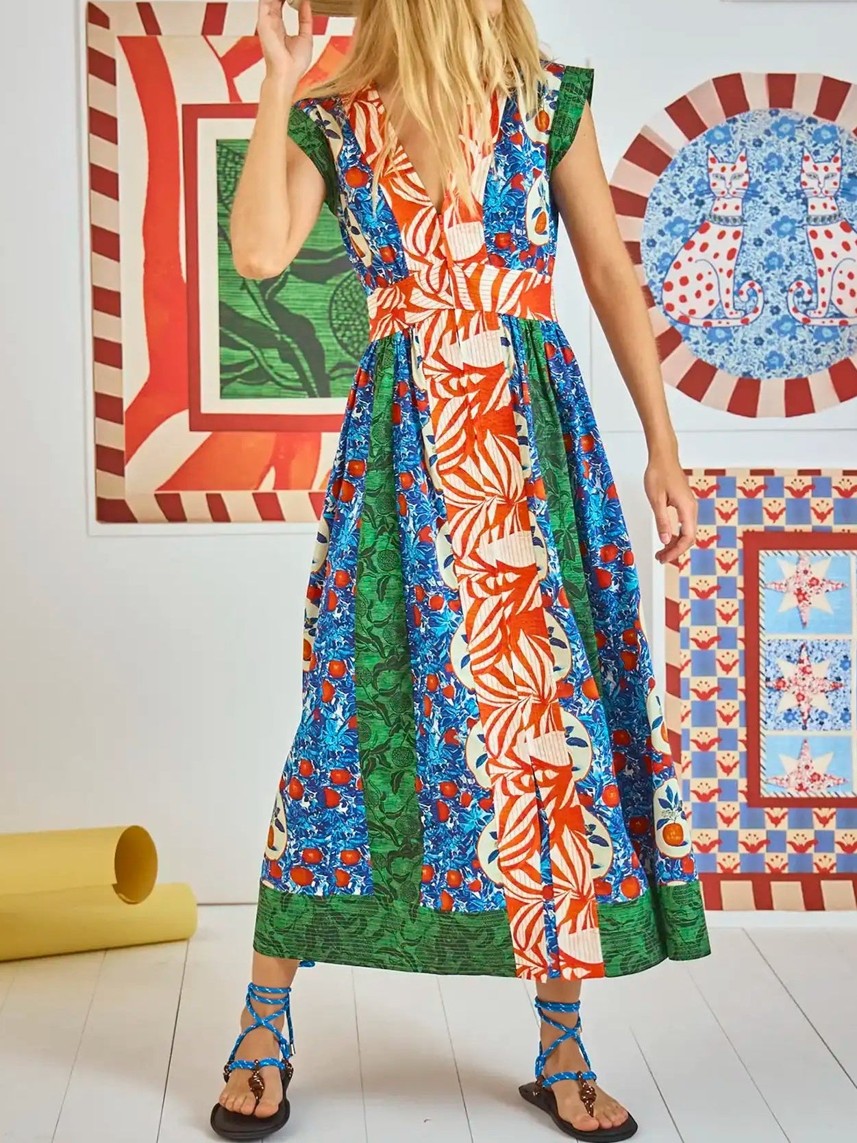Ruffled Sleeve V Neck Printed Maxi Dress