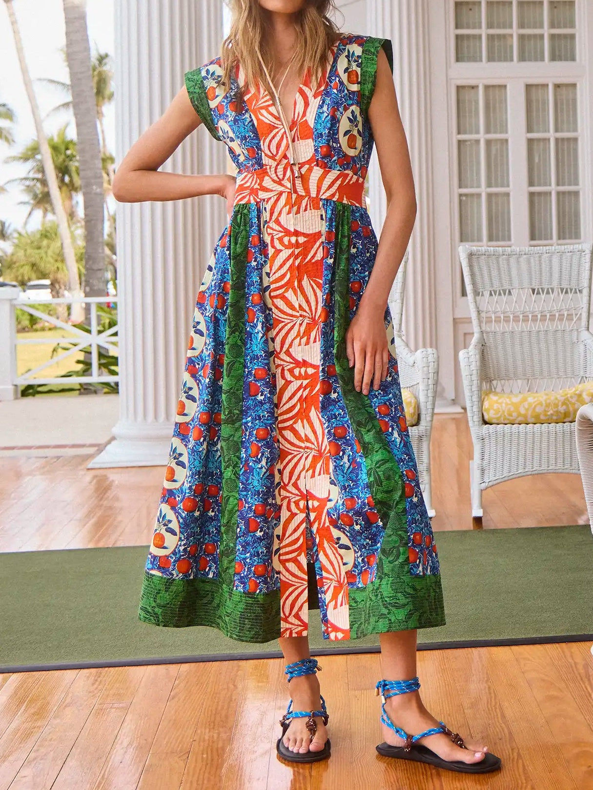 Ruffled Sleeve V Neck Printed Maxi Dress