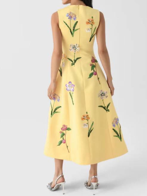 Classic Round Neck Embroidered Midi Dress