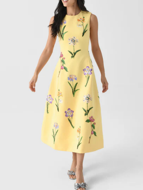 Classic Round Neck Embroidered Midi Dress