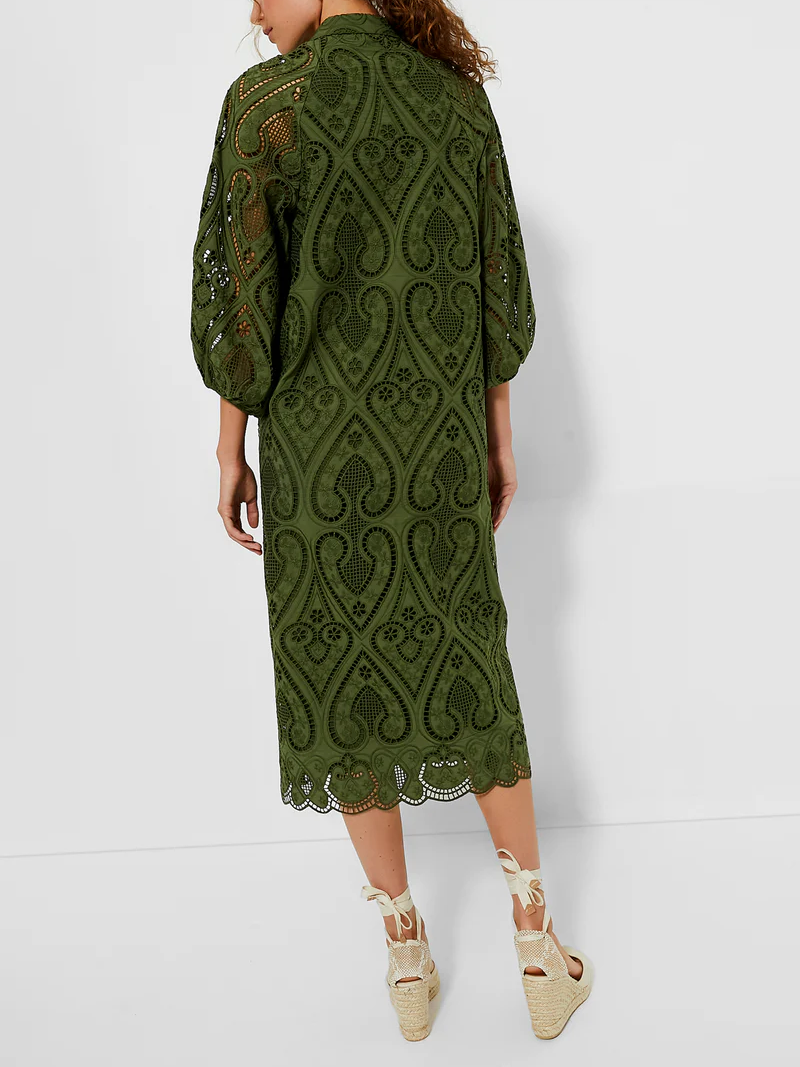 Balloon Sleeves Mandarin Collar Eyelet Lace Dress