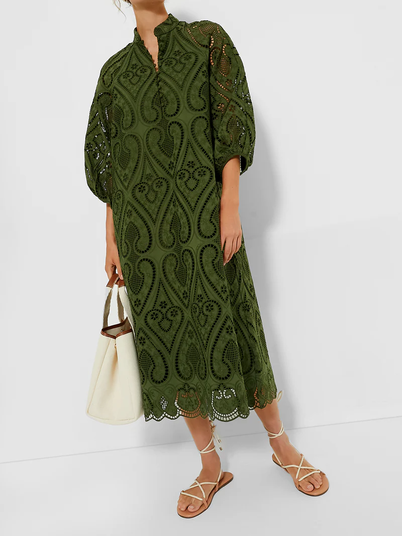 Balloon Sleeves Mandarin Collar Eyelet Lace Dress