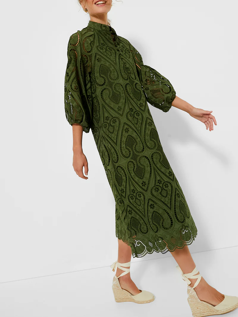 Balloon Sleeves Mandarin Collar Eyelet Lace Dress