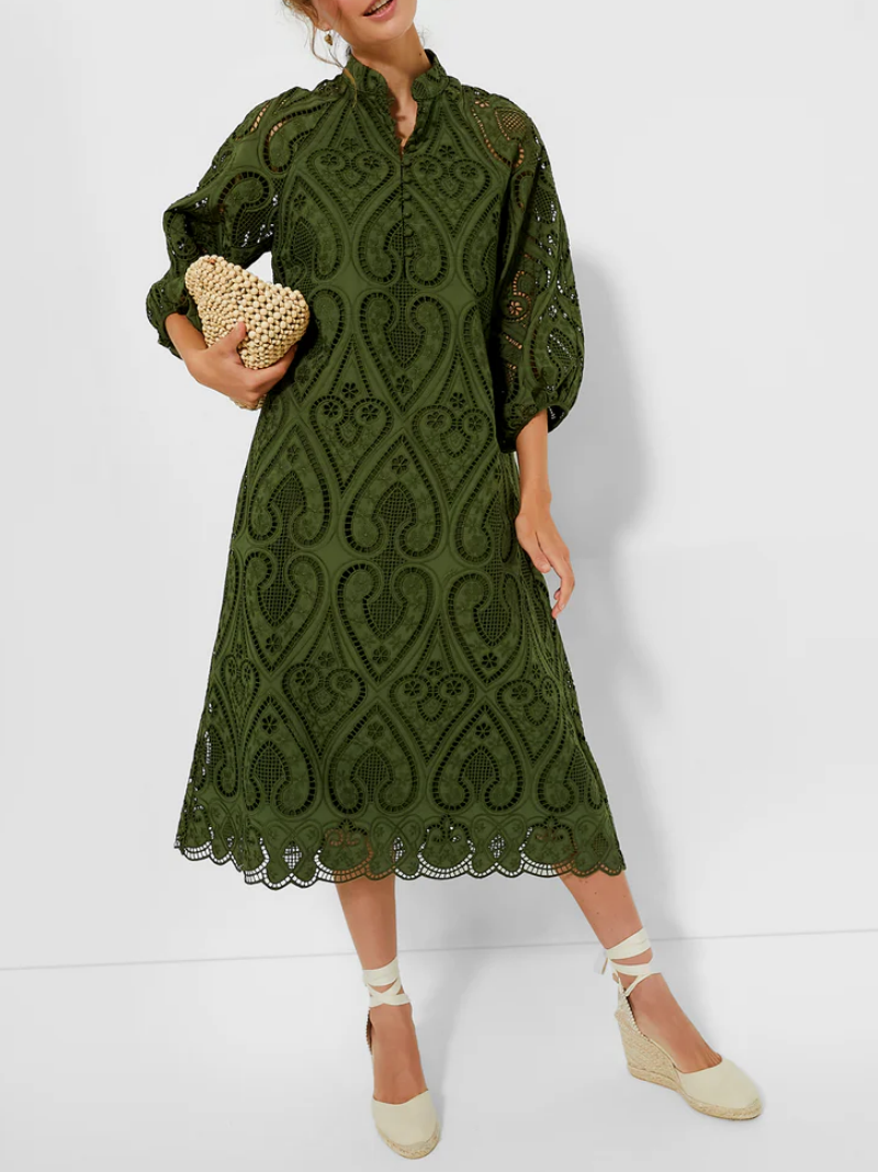 Balloon Sleeves Mandarin Collar Eyelet Lace Dress