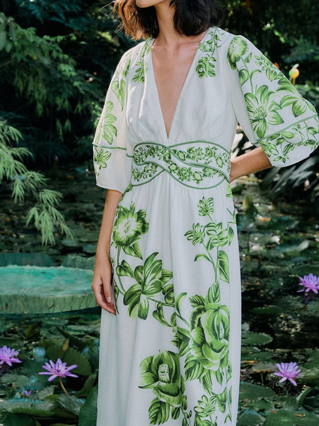 Fashion V Neck Waisted Printed Midi Dress