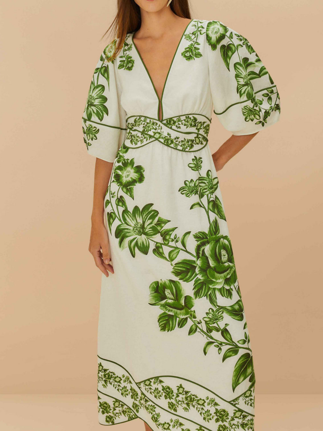 Fashion V Neck Waisted Printed Midi Dress