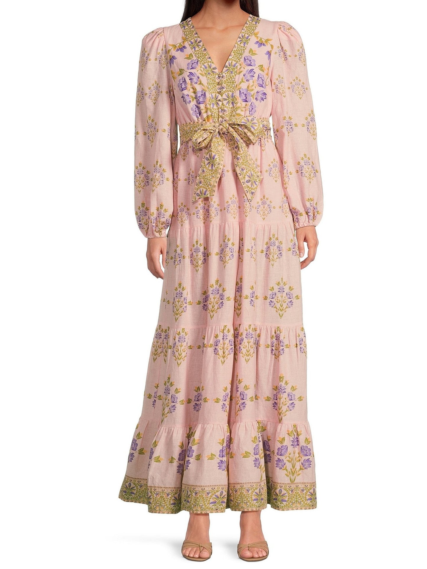 Floral Printed Long Sleeve V-Neck Self Tie Maxi Dress
