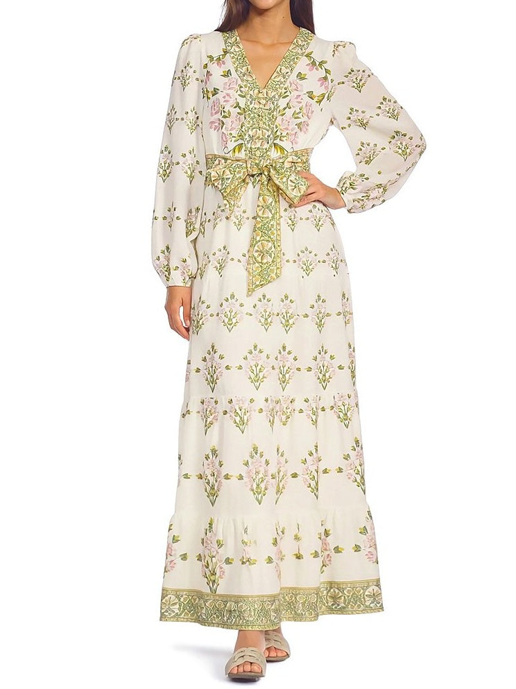 Floral Printed Long Sleeve V-Neck Self Tie Maxi Dress