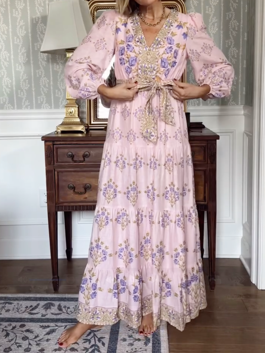 Floral Printed Long Sleeve V-Neck Self Tie Maxi Dress
