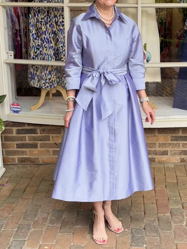 3/4 Sleeve Belted Taffeta Shirtdress