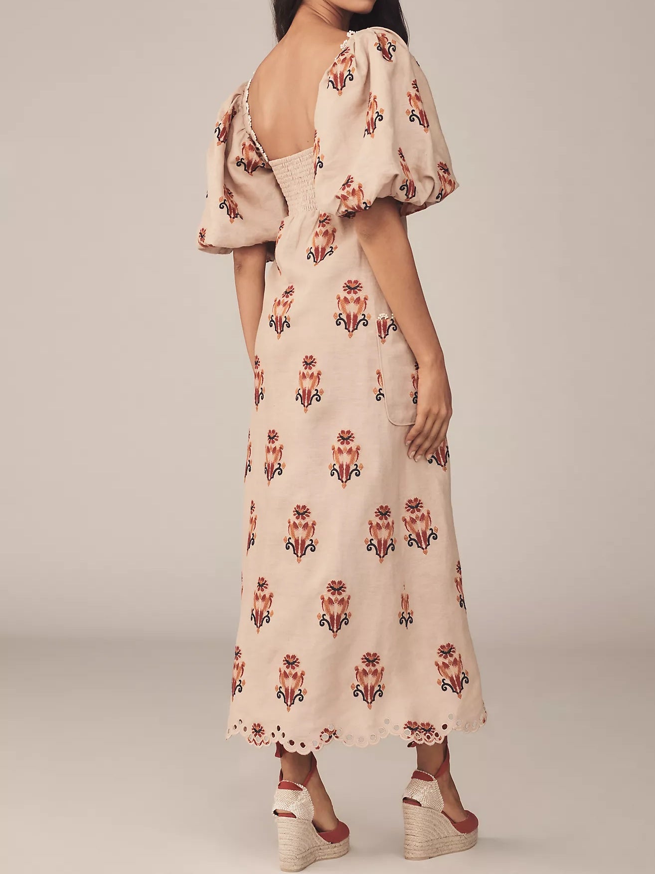 Embroidered Puff Sleeve Square Collar Dress