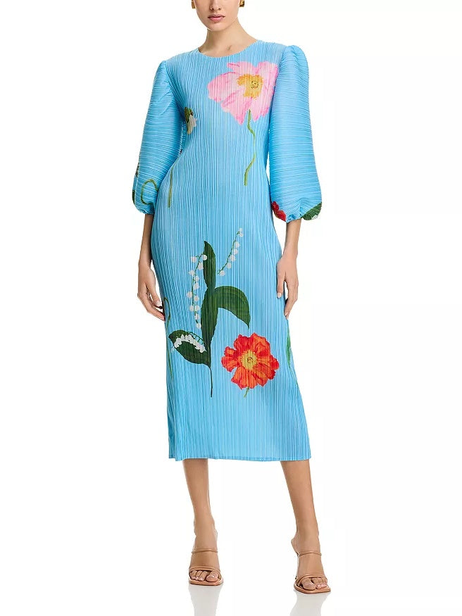 Floral Print Crinkled Puff Sleeve Dress
