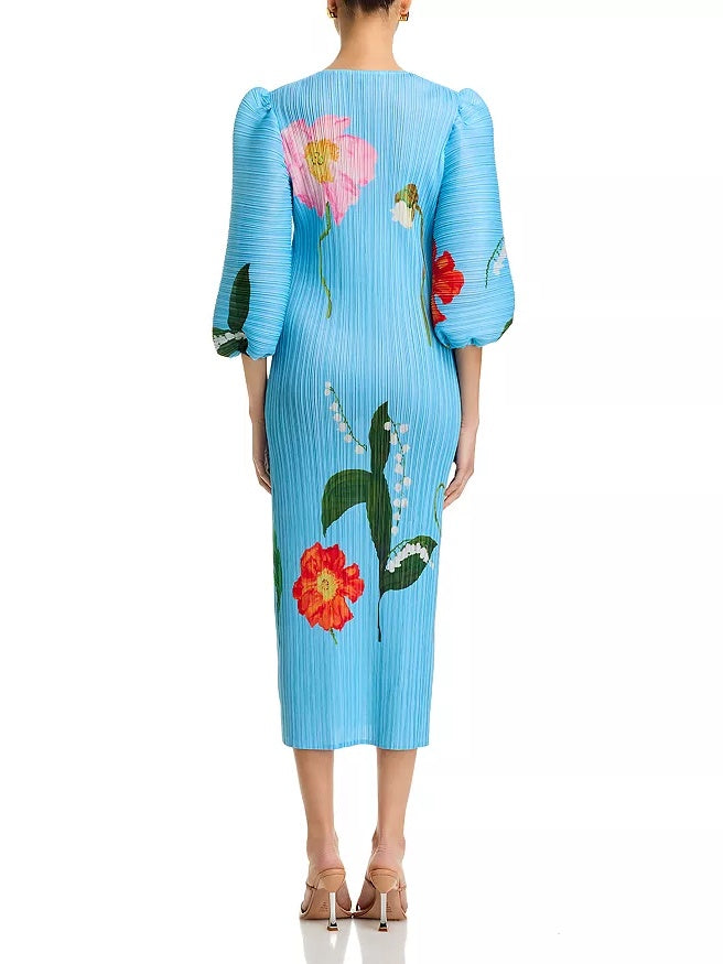 Floral Print Crinkled Puff Sleeve Dress